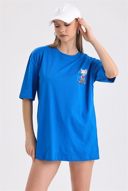 Ön Ve Sırt Off White Baskılı Pamuklu Oversize Tişört - Mavi