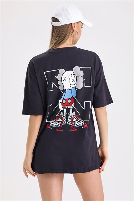 Ön Ve Sırt Off White Baskılı Pamuklu Oversize Tişört - Antrasit