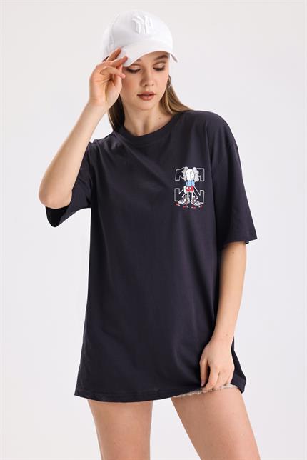 Ön Ve Sırt Off White Baskılı Pamuklu Oversize Tişört - Antrasit