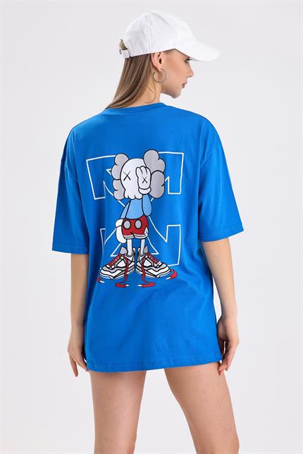 Ön Ve Sırt Off White Baskılı Pamuklu Oversize Tişört - Mavi
