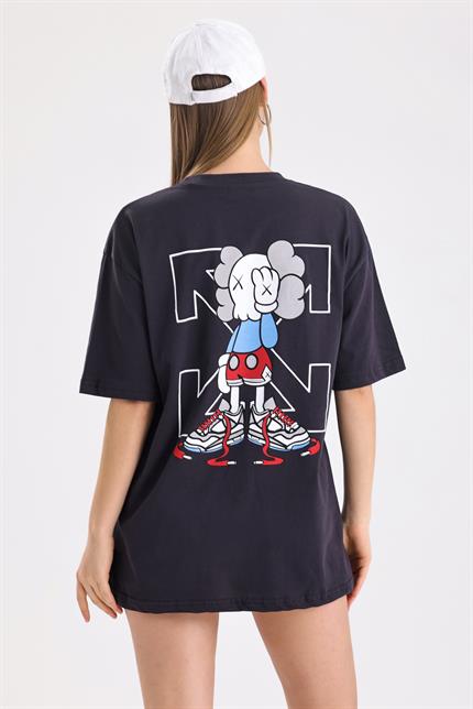 Ön Ve Sırt Off White Baskılı Pamuklu Oversize Tişört - Antrasit