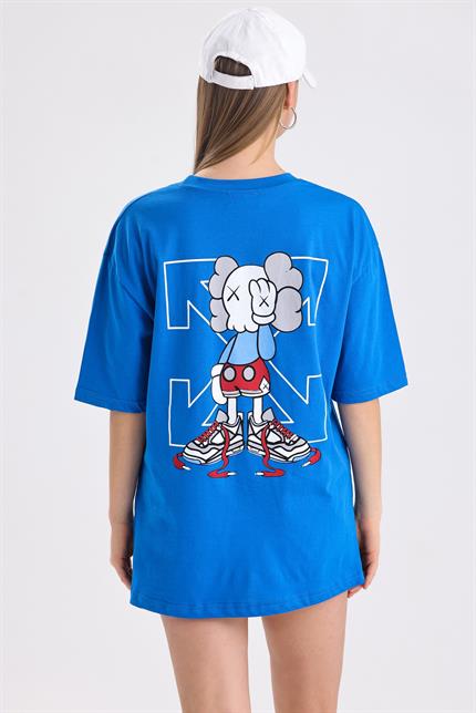 Ön Ve Sırt Off White Baskılı Pamuklu Oversize Tişört - Mavi