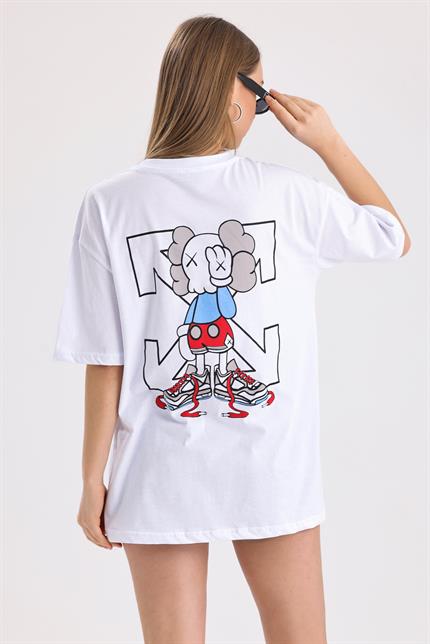 Ön Ve Sırt Off White Baskılı Pamuklu Oversize Tişört - Beyaz