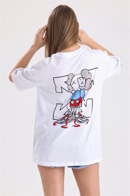Ön Ve Sırt Off White Baskılı Pamuklu Oversize Tişört - Beyaz