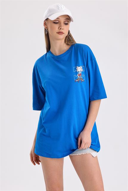 Ön Ve Sırt Off White Baskılı Pamuklu Oversize Tişört - Mavi