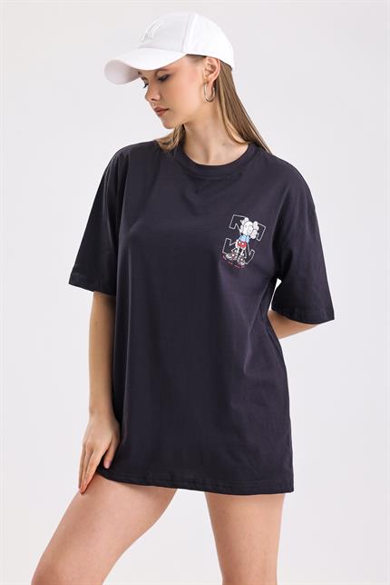 Ön Ve Sırt Off White Baskılı Pamuklu Oversize Tişört - Antrasit