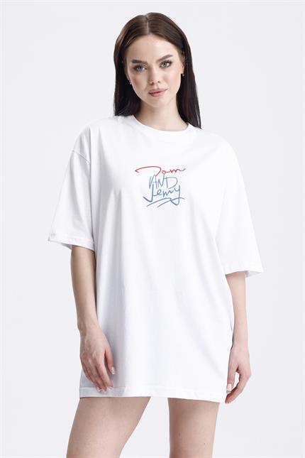 Ön Ve Sırt Tom Baskılı Pamuklu Oversize Tişört - Beyaz
