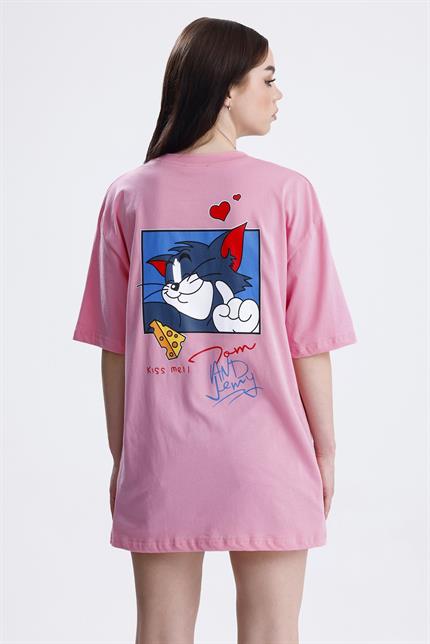 Ön Ve Sırt Tom Baskılı Pamuklu Oversize Tişört - Pembe