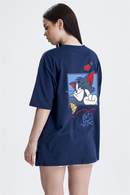 Ön Ve Sırt Tom Baskılı Pamuklu Oversize Tişört - Lacivert
