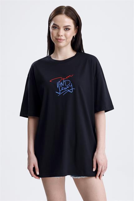 Ön Ve Sırt Tom Baskılı Pamuklu Oversize Tişört - Siyah