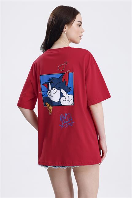 Ön Ve Sırt Tom Baskılı Pamuklu Oversize Tişört - Kırmızı