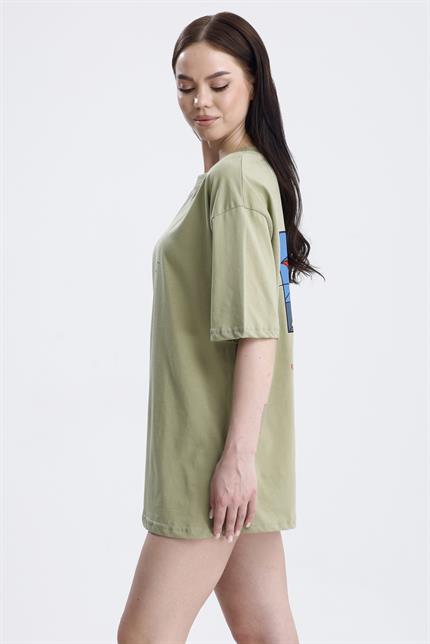 Ön Ve Sırt Tom Baskılı Pamuklu Oversize Tişört - Olive
