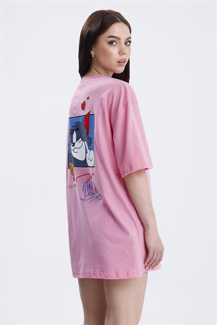 Ön Ve Sırt Tom Baskılı Pamuklu Oversize Tişört - Pembe