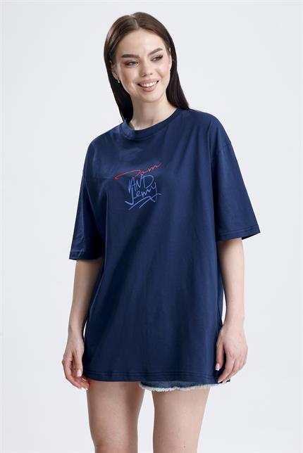 Ön Ve Sırt Tom Baskılı Pamuklu Oversize Tişört - Lacivert