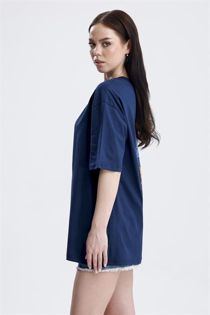 Ön Ve Sırt Tom Baskılı Pamuklu Oversize Tişört - Lacivert