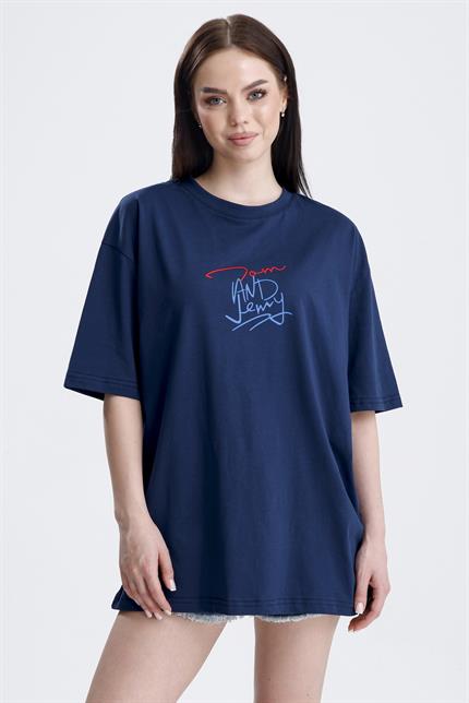 Ön Ve Sırt Tom Baskılı Pamuklu Oversize Tişört - Lacivert