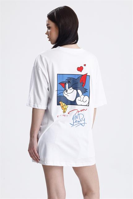 Ön Ve Sırt Tom Baskılı Pamuklu Oversize Tişört - Beyaz