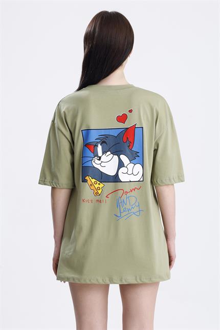 Ön Ve Sırt Tom Baskılı Pamuklu Oversize Tişört - Olive
