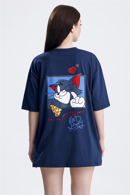 Ön Ve Sırt Tom Baskılı Pamuklu Oversize Tişört - Lacivert
