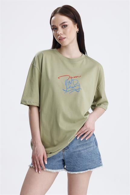 Ön Ve Sırt Tom Baskılı Pamuklu Oversize Tişört - Olive