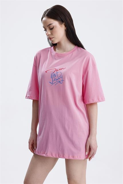 Ön Ve Sırt Tom Baskılı Pamuklu Oversize Tişört - Pembe