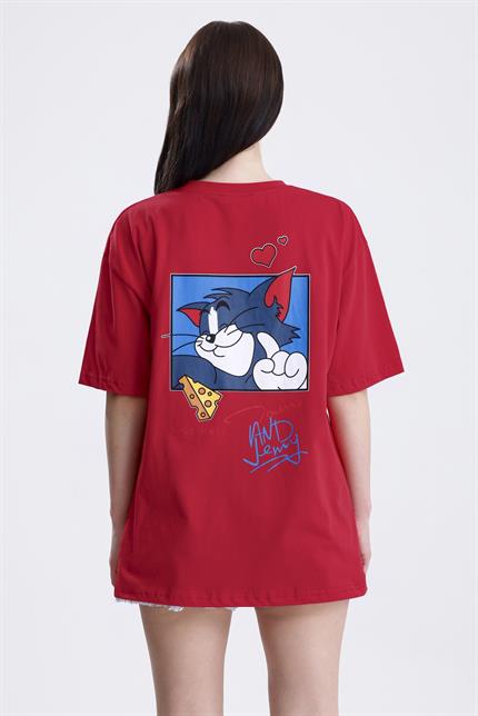 Ön Ve Sırt Tom Baskılı Pamuklu Oversize Tişört - Kırmızı