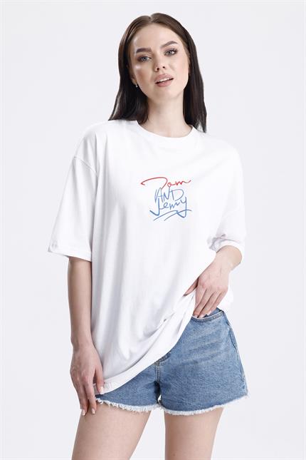 Ön Ve Sırt Tom Baskılı Pamuklu Oversize Tişört - Beyaz