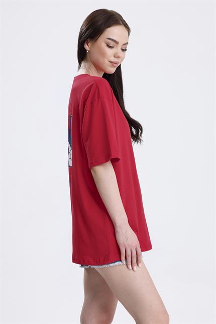 Ön Ve Sırt Tom Baskılı Pamuklu Oversize Tişört - Kırmızı