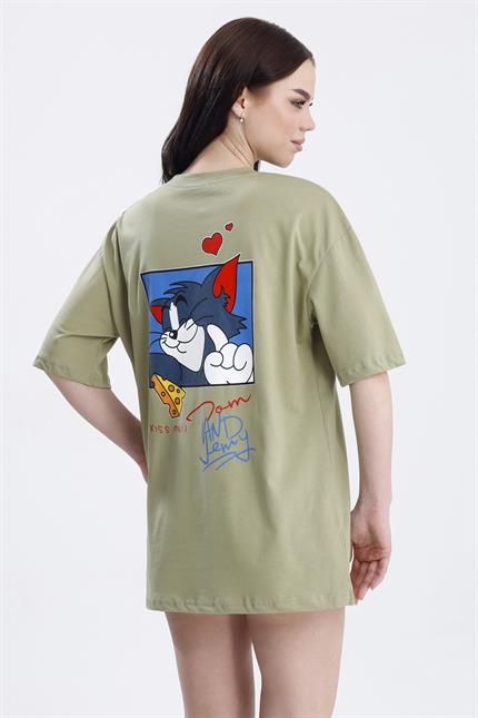 Ön Ve Sırt Tom Baskılı Pamuklu Oversize Tişört - Olive