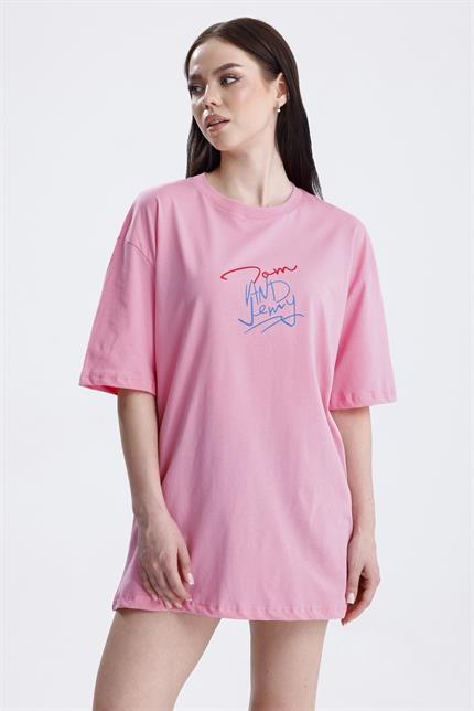 Ön Ve Sırt Tom Baskılı Pamuklu Oversize Tişört - Pembe