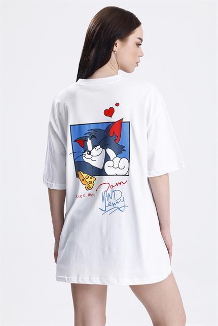 Ön Ve Sırt Tom Baskılı Pamuklu Oversize Tişört - Beyaz