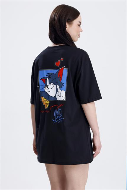 Ön Ve Sırt Tom Baskılı Pamuklu Oversize Tişört - Siyah