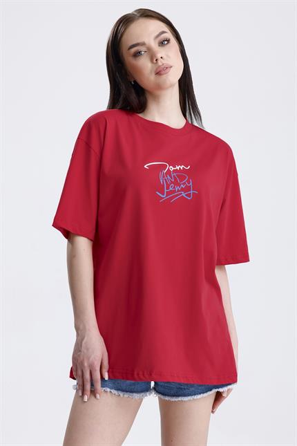 Ön Ve Sırt Tom Baskılı Pamuklu Oversize Tişört - Kırmızı