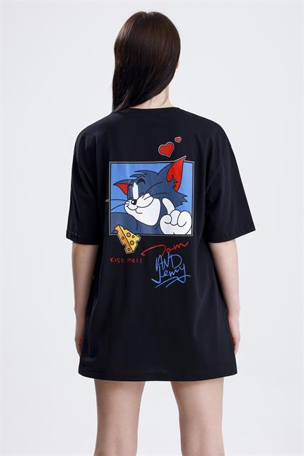 Ön Ve Sırt Tom Baskılı Pamuklu Oversize Tişört - Siyah