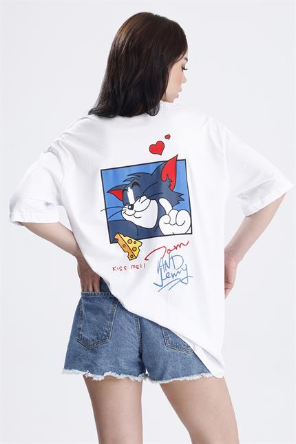 Ön Ve Sırt Tom Baskılı Pamuklu Oversize Tişört - Beyaz