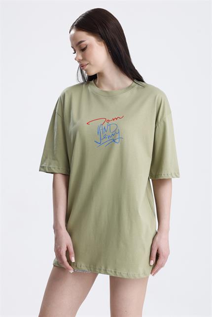 Ön Ve Sırt Tom Baskılı Pamuklu Oversize Tişört - Olive
