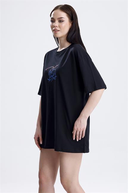 Ön Ve Sırt Tom Baskılı Pamuklu Oversize Tişört - Siyah