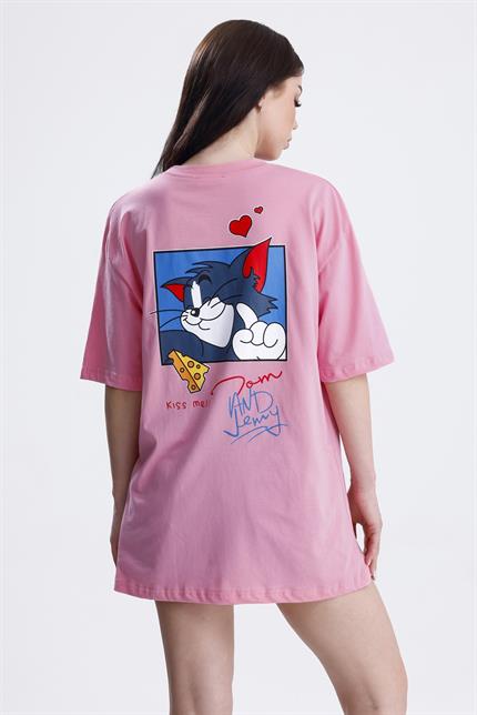 Ön Ve Sırt Tom Baskılı Pamuklu Oversize Tişört - Pembe