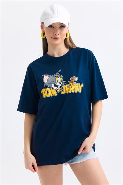 Ön Ve Sırt Tom Jerry Baskılı Pamuklu Oversize Tişört - Lacivert