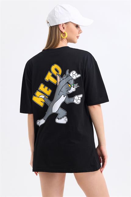 Ön Ve Sırt Tom Jerry Baskılı Pamuklu Oversize Tişört - Siyah