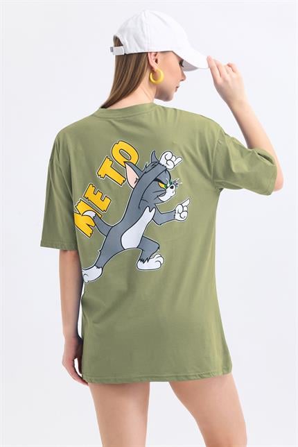 Ön Ve Sırt Tom Jerry Baskılı Pamuklu Oversize Tişört - Olive