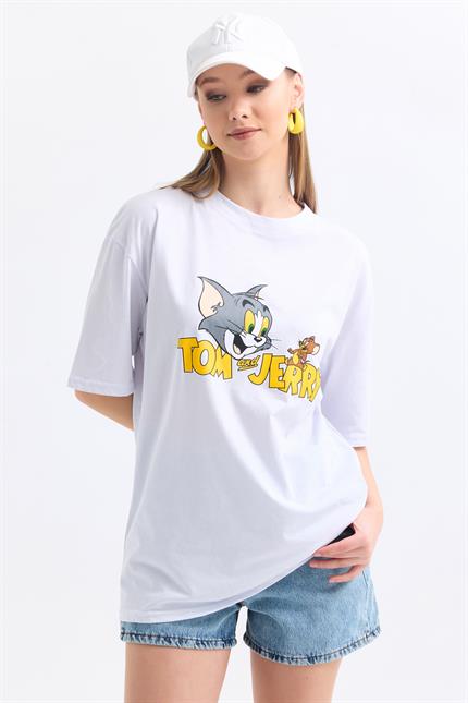 Ön Ve Sırt Tom Jerry Baskılı Pamuklu Oversize Tişört - Beyaz