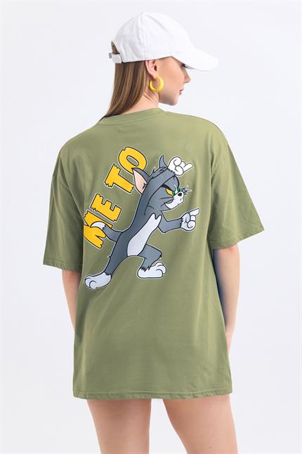 Ön Ve Sırt Tom Jerry Baskılı Pamuklu Oversize Tişört - Olive