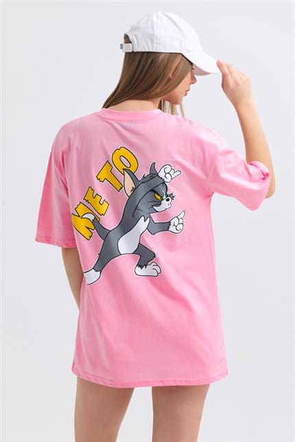 Ön Ve Sırt Tom Jerry Baskılı Pamuklu Oversize Tişört - Pembe