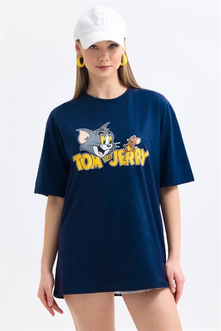 Ön Ve Sırt Tom Jerry Baskılı Pamuklu Oversize Tişört - Lacivert