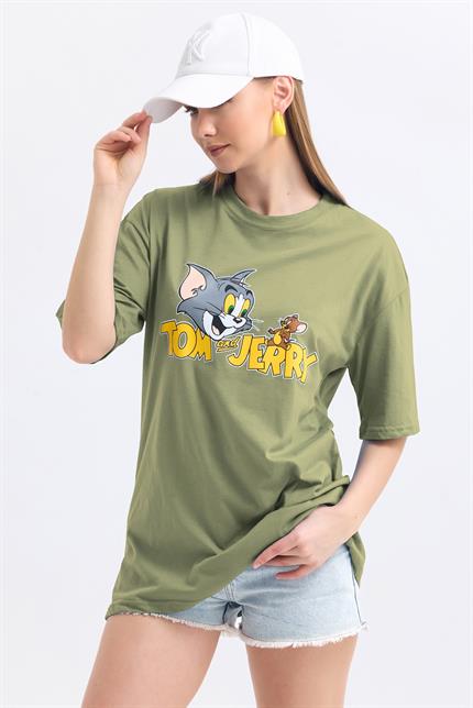 Ön Ve Sırt Tom Jerry Baskılı Pamuklu Oversize Tişört - Olive