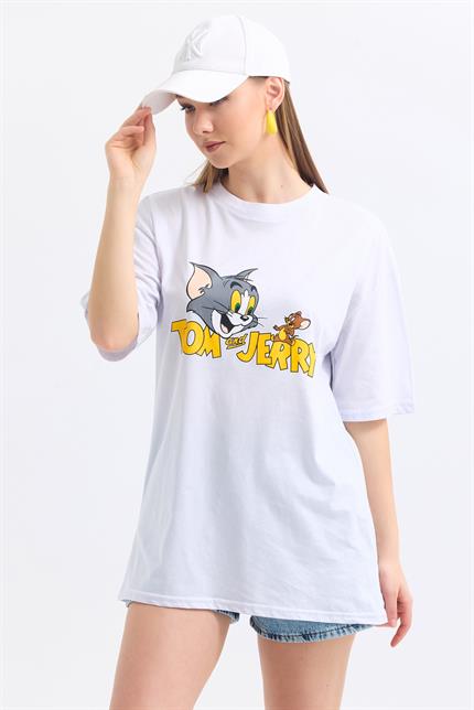 Ön Ve Sırt Tom Jerry Baskılı Pamuklu Oversize Tişört - Beyaz