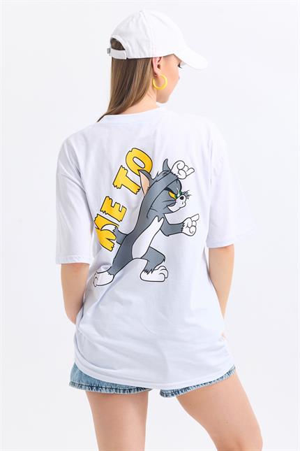 Ön Ve Sırt Tom Jerry Baskılı Pamuklu Oversize Tişört - Beyaz