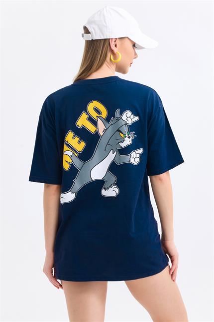 Ön Ve Sırt Tom Jerry Baskılı Pamuklu Oversize Tişört - Lacivert