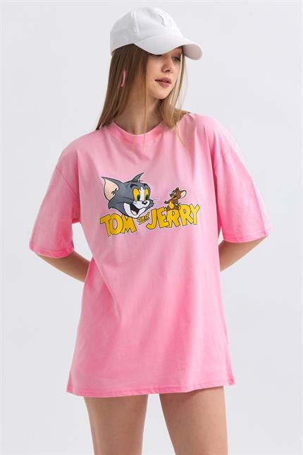 Ön Ve Sırt Tom Jerry Baskılı Pamuklu Oversize Tişört - Pembe